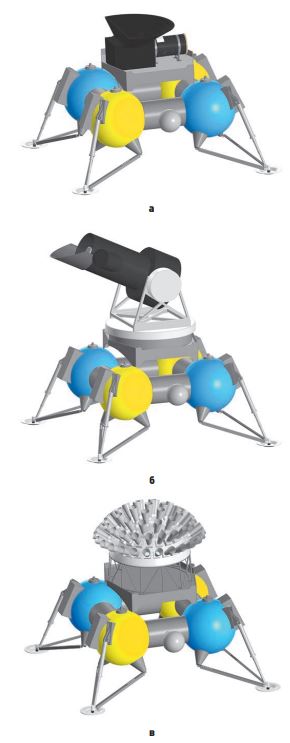 Общий вид посадочного аппарата с телескопами: 15–30 см (а), 60 см (б)и мультиапертурным (в)